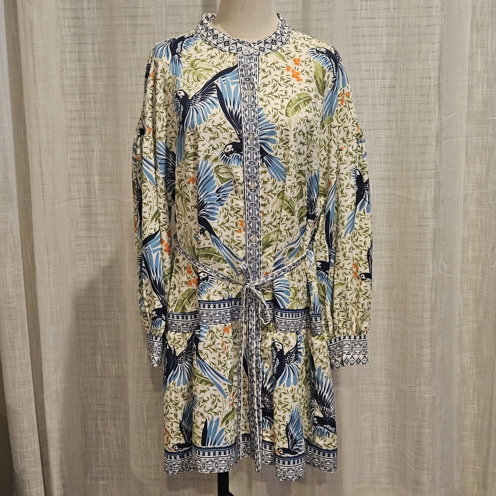 Alex Marie Long Sleeve Mandarin Neck Button Front Midi Dress: Bird Print